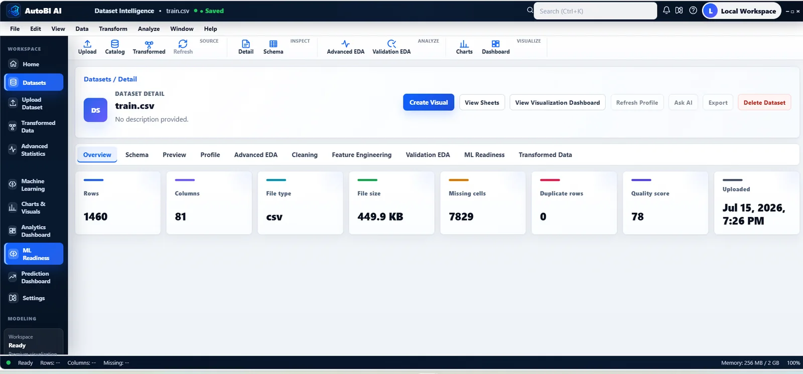 AutoBI dataset overview and schema workspace