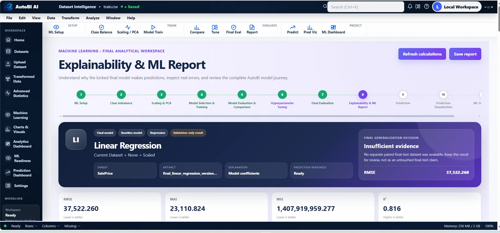 AutoBI Explainability and ML Report workspace