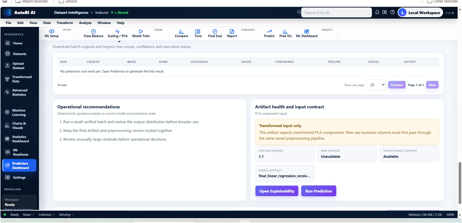 AutoBI final machine learning dashboard with train, validation and final-test comparison and regression metrics